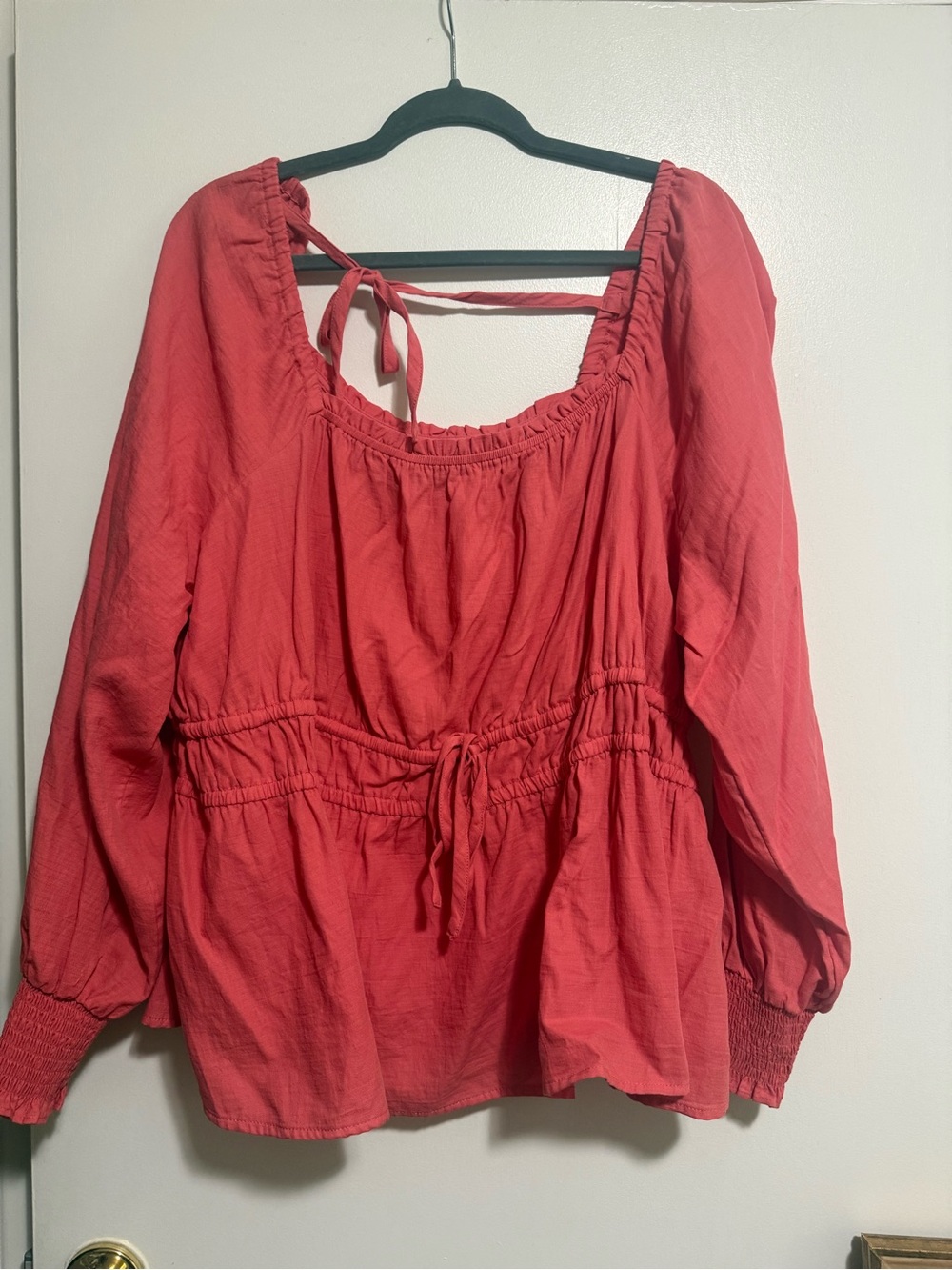 Women’s Tie-Back Peasant Coral Blouse